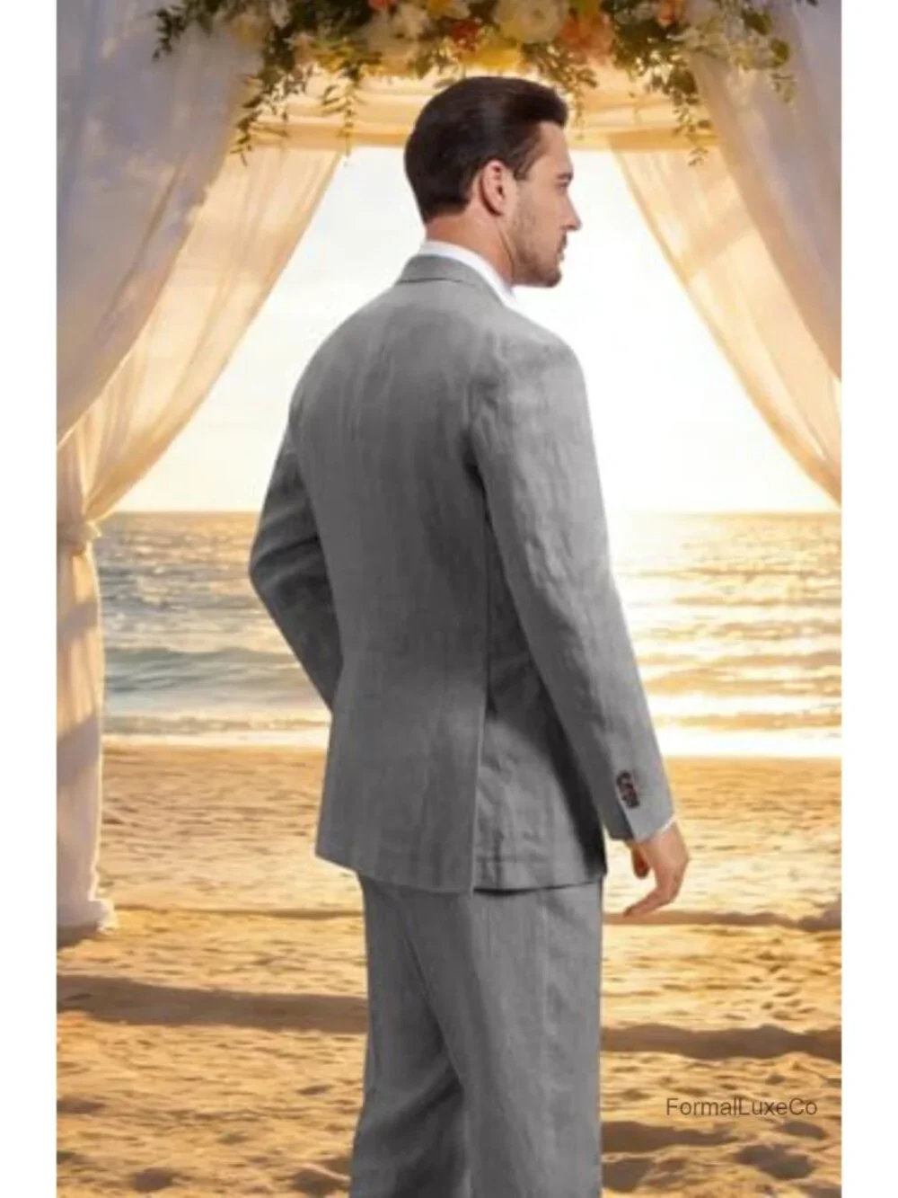 Men's 2 Piece Linen Suit Set - Peak Lapel Single Breasted Blazer & Flat Front